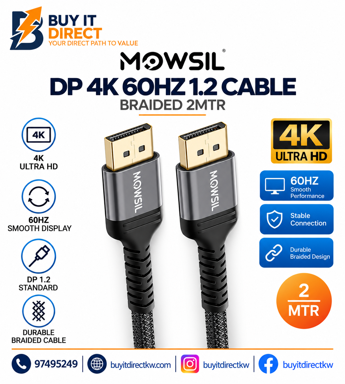 MOWSIL DP 4K 60HZ 1 2 Cable Braided 2M