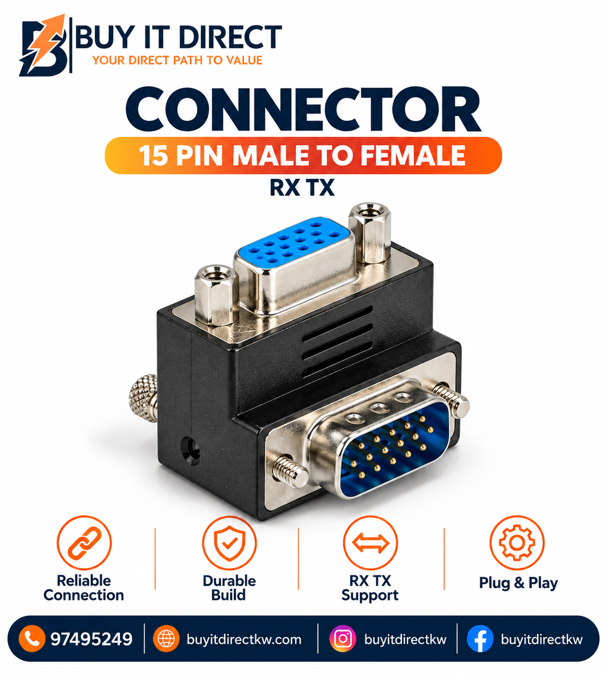 Connector 15 Pin Male to Female L Type