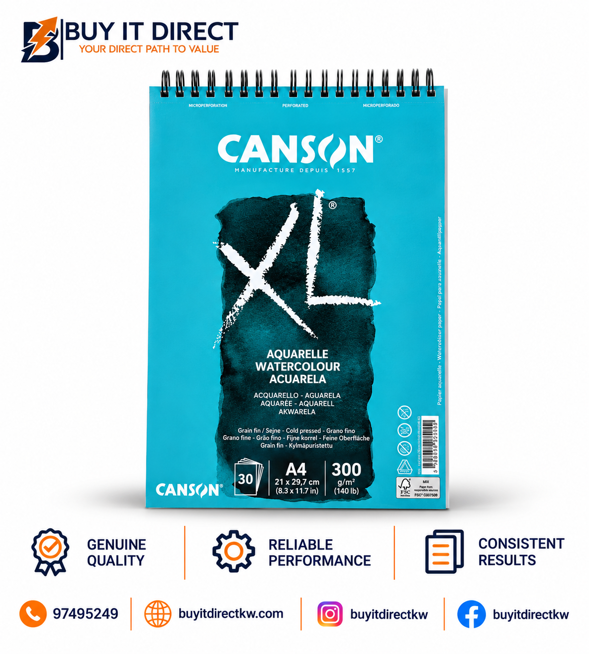 Canson XL Aquarelle Watercolour Paper Pad A4 300 gsm 30 Sheets Spiral Bound