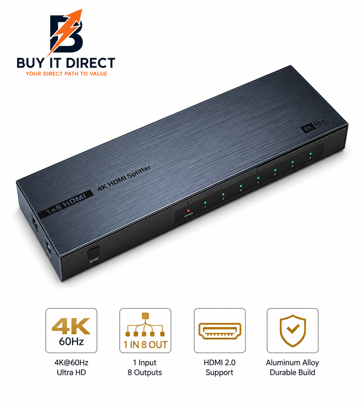 1 Input 8 Output HDMI Splitter 4K 60Hz Black Aluminum Alloy EU Standard