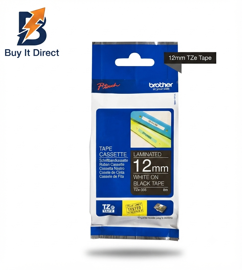 Brother Genuine TZe-335 Labelling Tape Cassette – White on Black, 12mm Wide