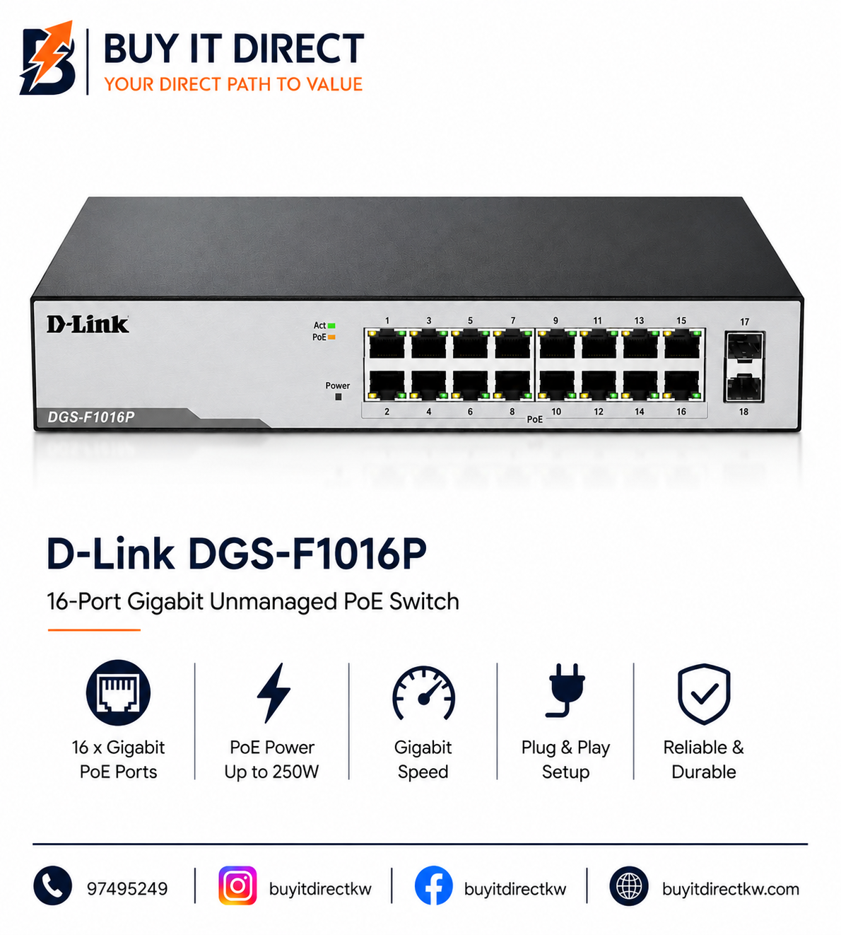 دي لينك DGS F1016P سويتش شبكة جيجابت غير مدار 16 منفذ مع منفذي SFP بقدرة 300 واط