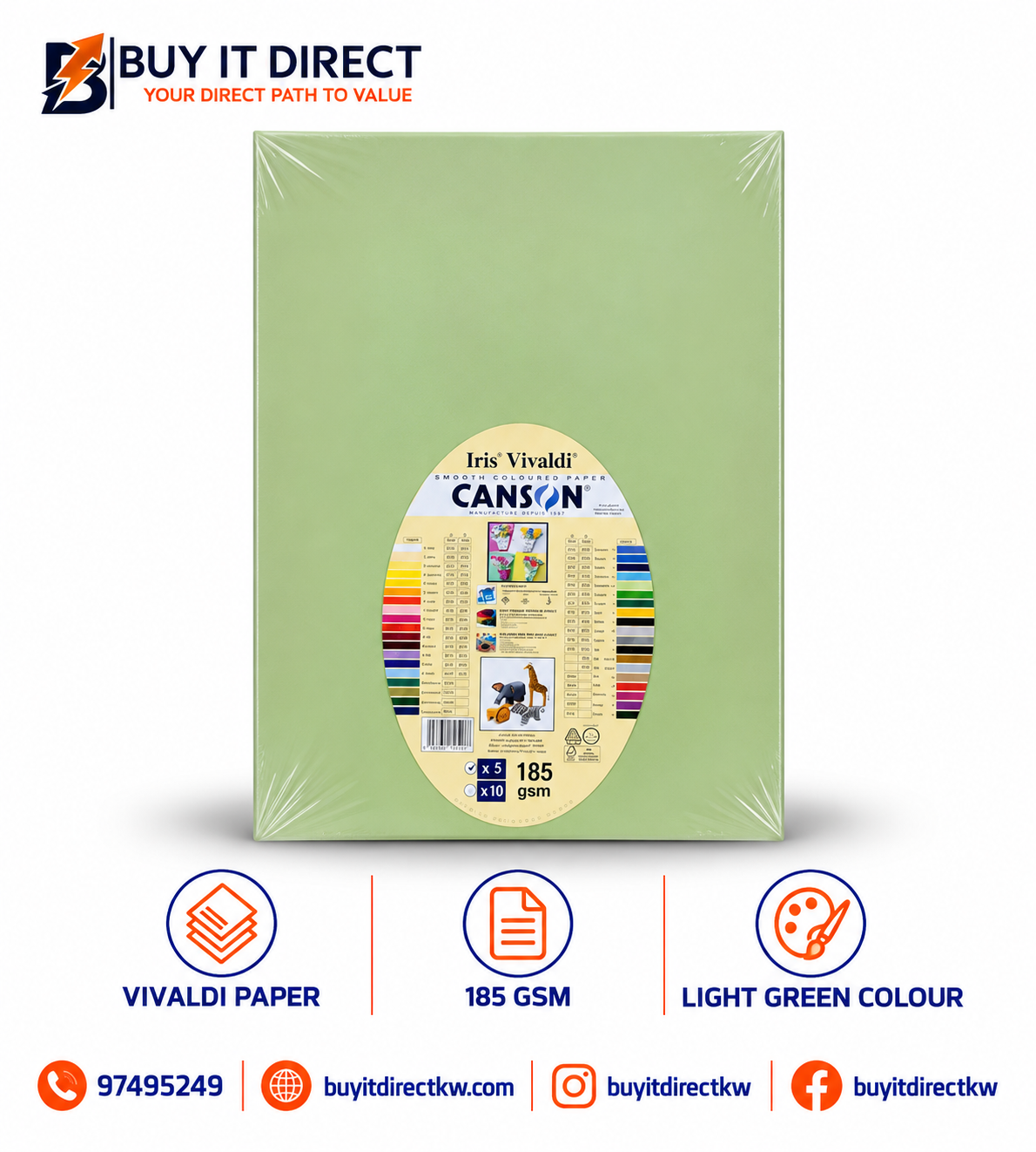 Canson Iris Vivaldi A3 Paper 185 GSM Apple Green 5 Sheets