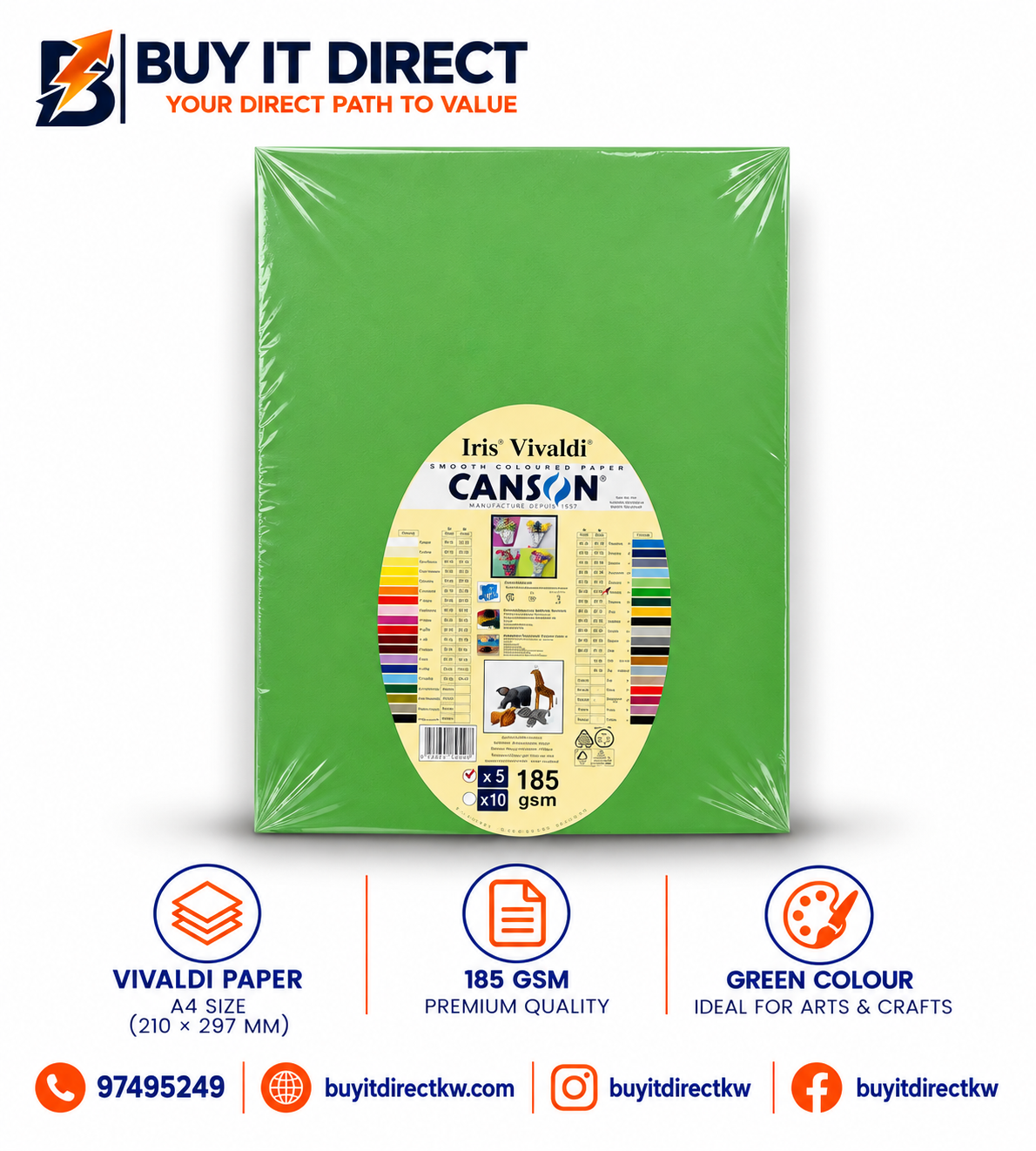 Canson Iris Vivaldi A3 Paper 185 GSM Bright Green 5 Sheets