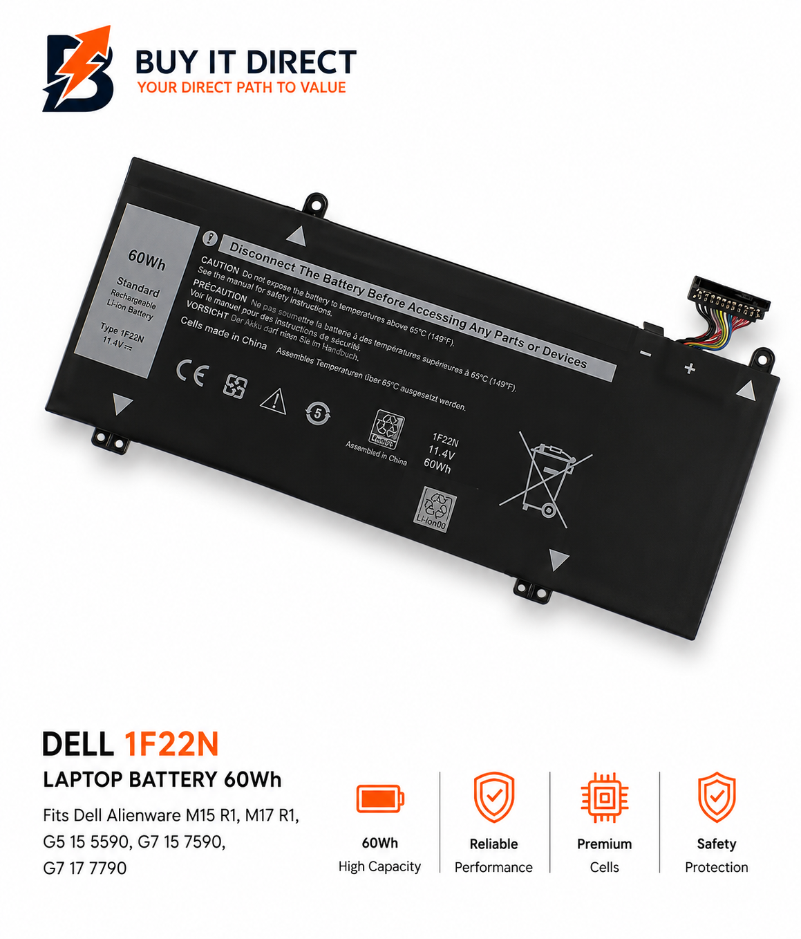 DELL 1F22N Laptop Battery 60Wh Fits Dell Alienware M15 R1 M17 R1 G5 15 5590 G7 15 7590 G7 17 7790
