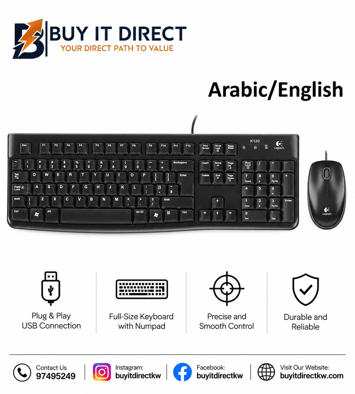 Logitech MK120 Wired Keyboard and Mouse Combo USB Quiet Typing Arabic English