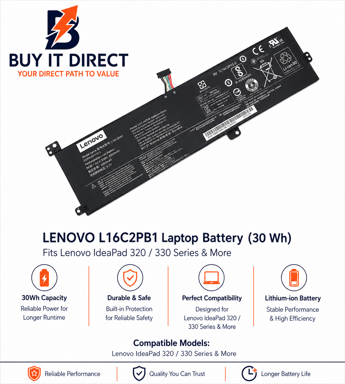 بطارية لابتوب Lenovo L16C2PB1 بسعة 30Wh لأجهزة IdeaPad 320 و 330 Series