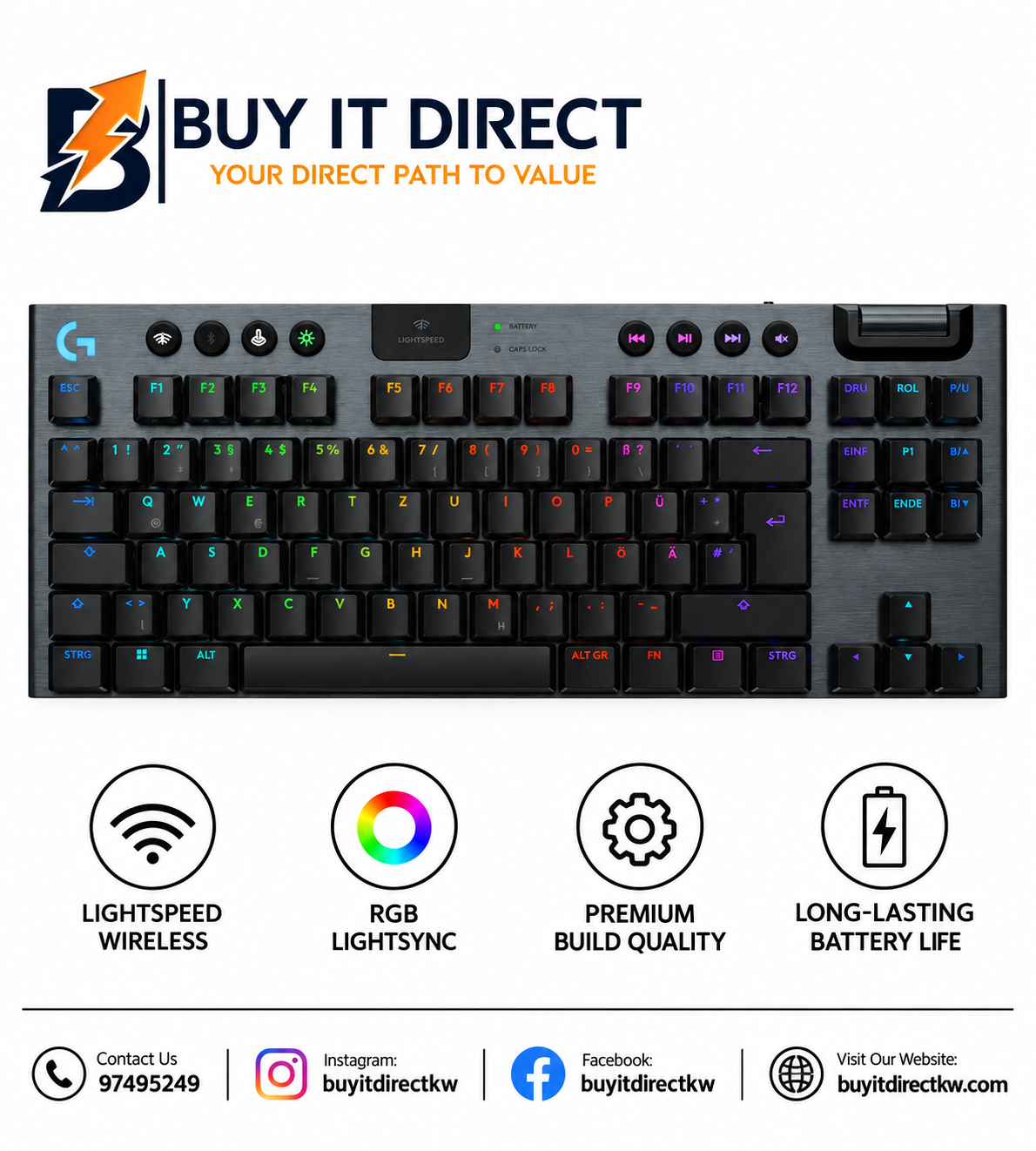 لوحة مفاتيح الألعاب الميكانيكية Logitech G915 X LIGHTSPEED TKL اللاسلكية RGB بمفاتيح Tactile باللون الأسود 