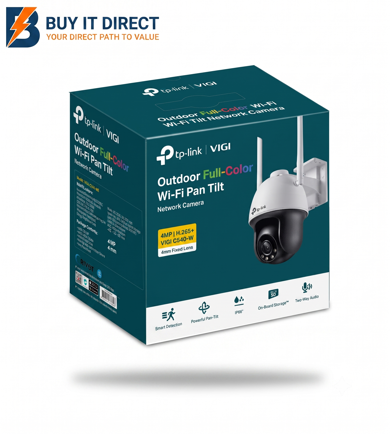 TP-Link (VIGI C540-W) VIGI 4MP Outdoor Full-Color Wi-Fi Pan Tilt Network Camera - 2560 X 1440 / LAN