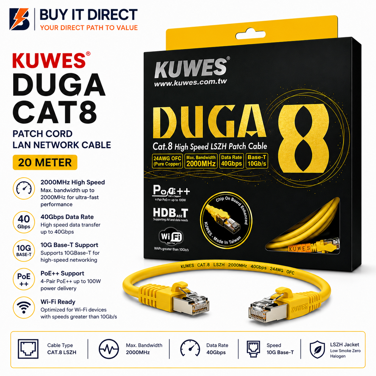 KUWES DUGA CAT8 Patch Cord LAN Network Cable 20 Meter