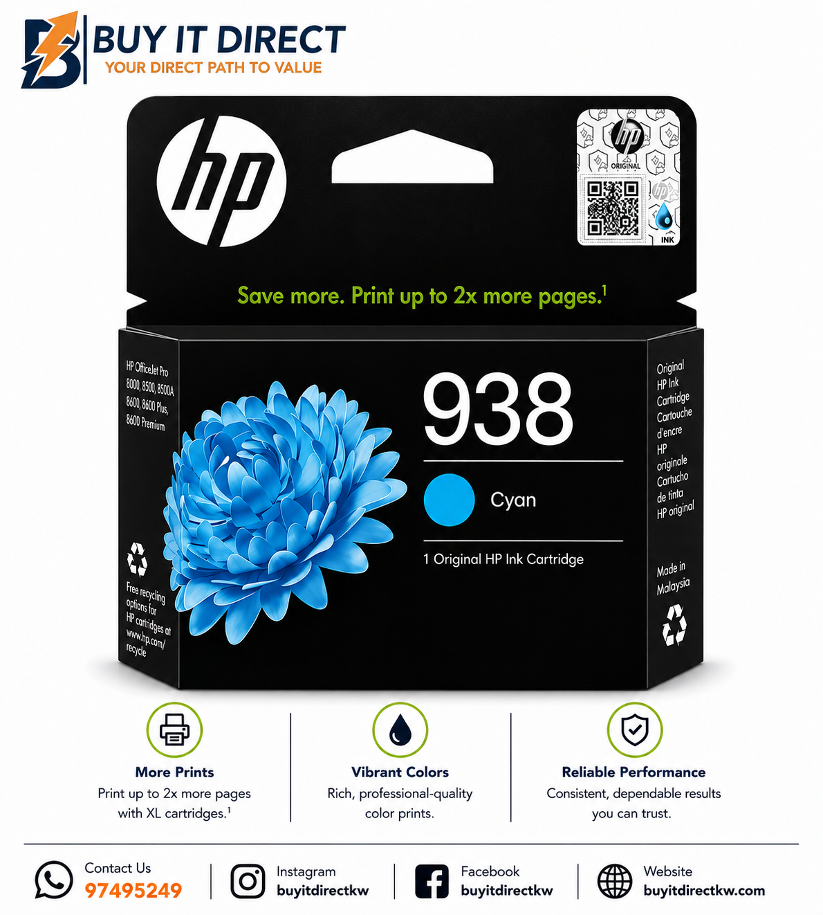 HP 938 Cyan Original Ink Cartridge