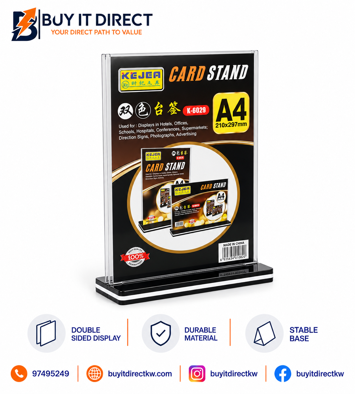 حامل بطاقات A4 مزدوج الوجه بقاعدة سوداء K-6029