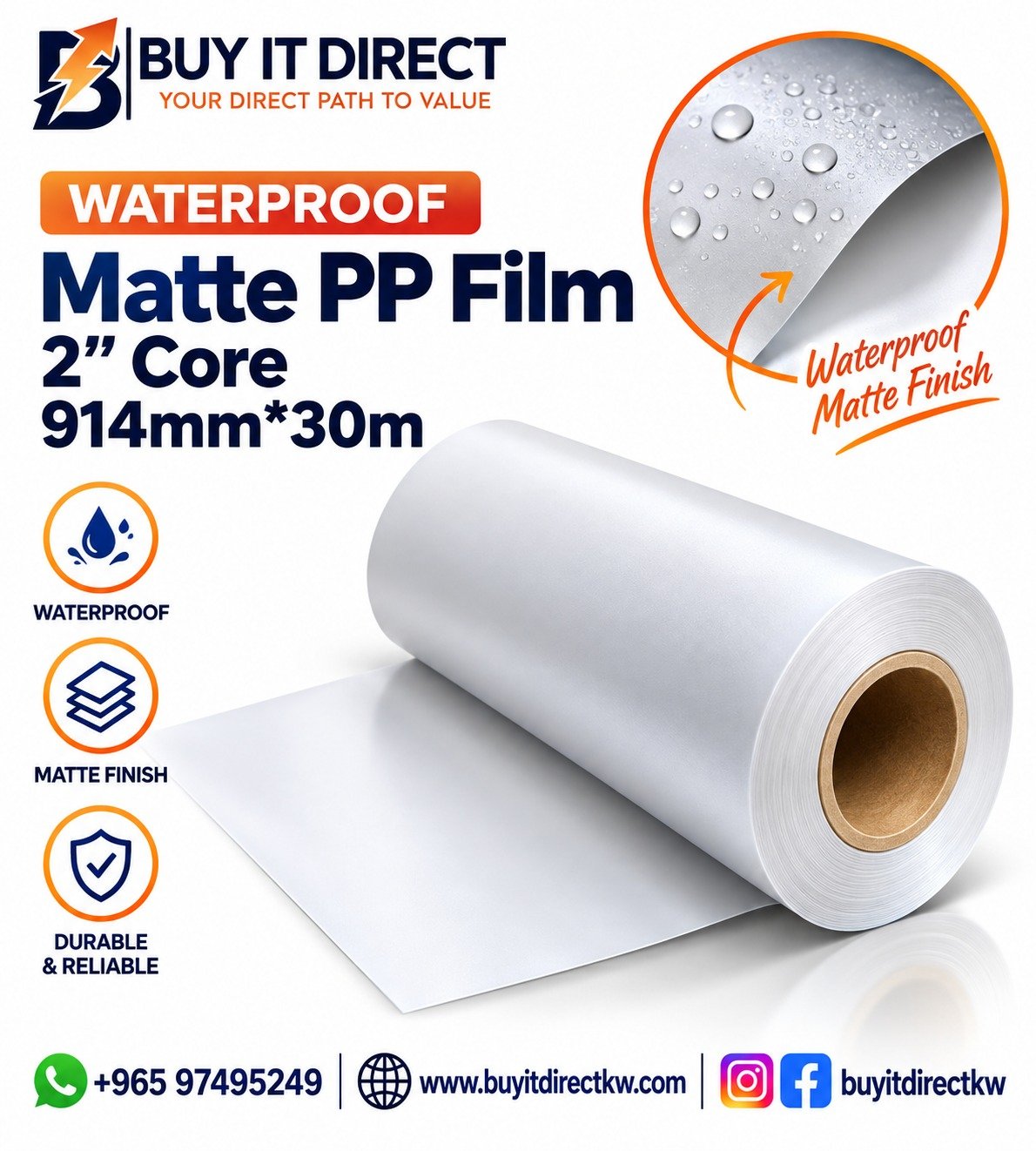 Waterproof Matte PP Film 2in Core 914mm x 30m
