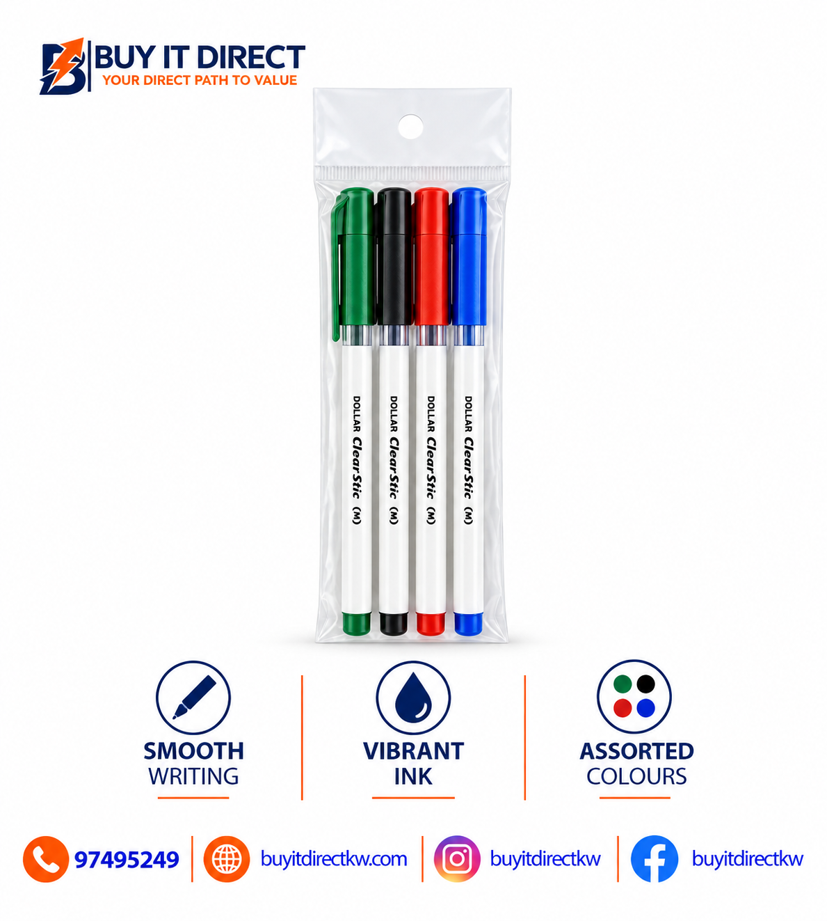 أقلام حبر جاف Clearstic متوسطة 4 ألوان عبوة