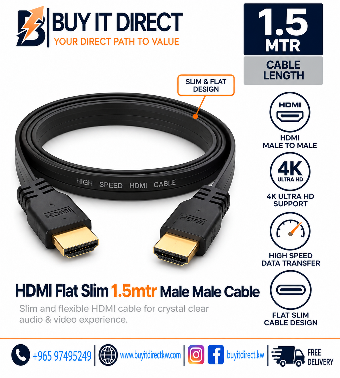 كابل HDMI مسطح Slim ذكر ذكر بطول 1.5 متر