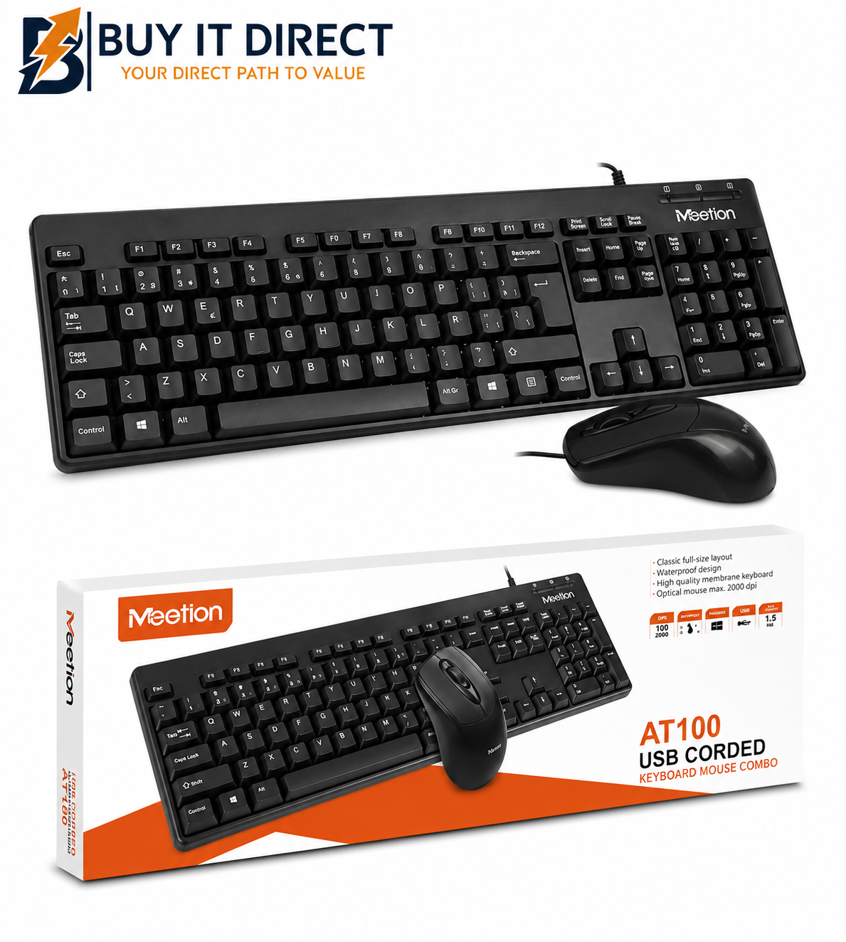 Meetion AT100 USB Wired Keyboard and Mouse Combo – Black, Arabic/English