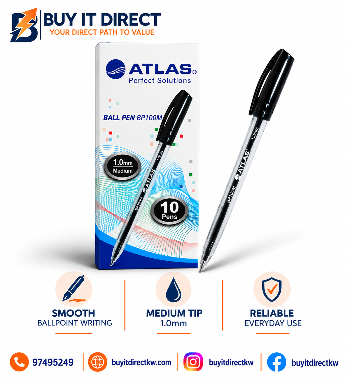 Ball Pen BP100M Black Ink 1.0 mm Medium Tip Pack of 10