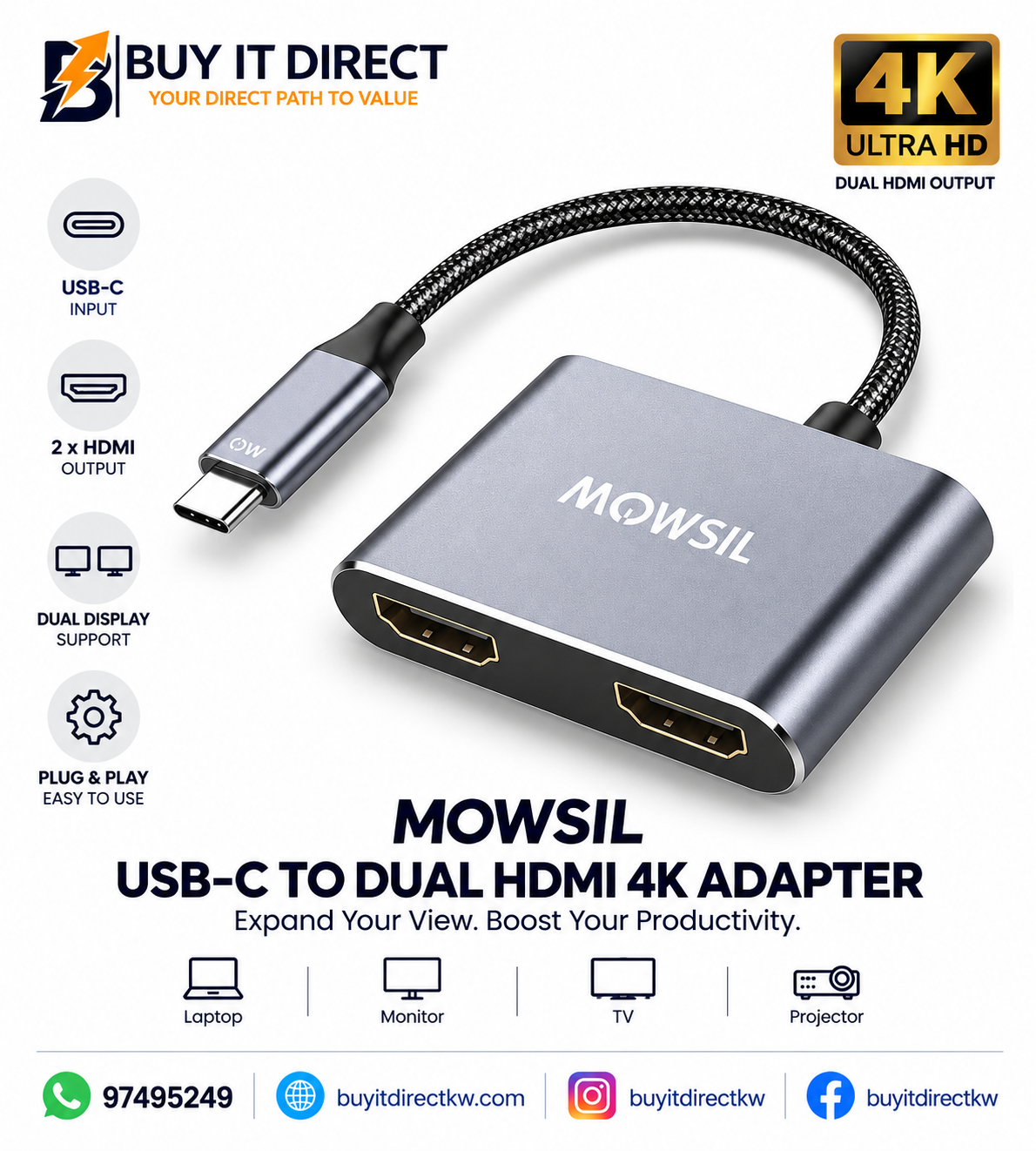 محول MOWSIL USB C إلى HDMI مزدوج 4K MOCHD2