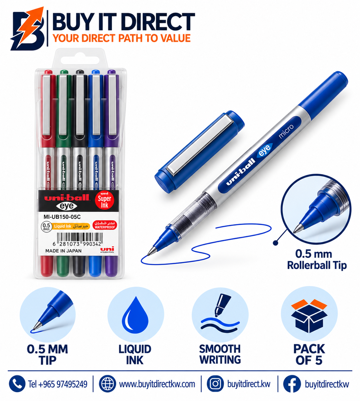 uni-ball Eye Micro UB-150 0.5 mm Liquid Ink Pen - Pack of 5
