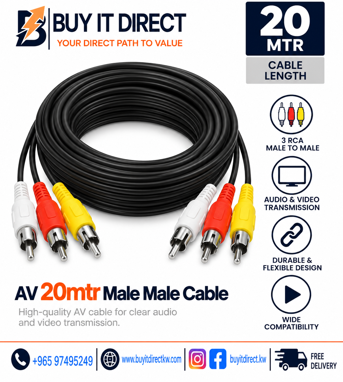 AV 20mtr Male Male Cable