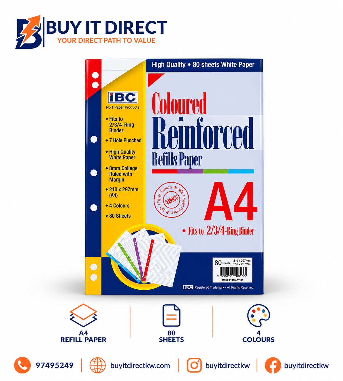 Coloured Reinforced Refills Paper A4 80 Sheets