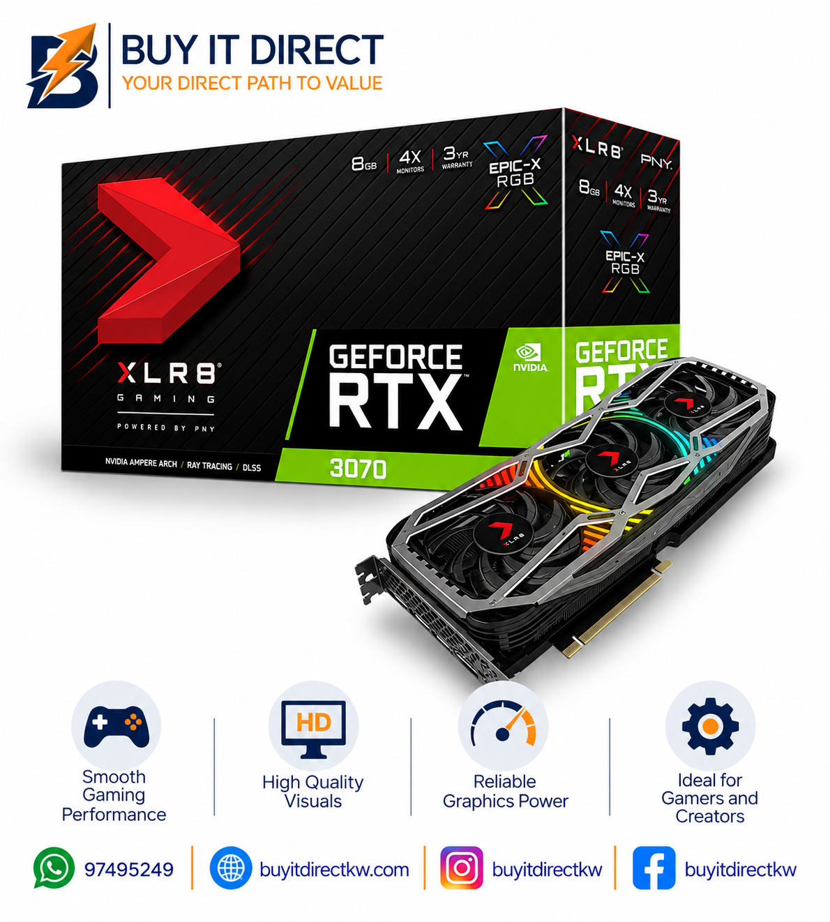 بطاقة رسومات PNY GeForce RTX 3070 XLR8 Gaming REVEL EPIC-X RGB LHR سعة 8 جيجابايت