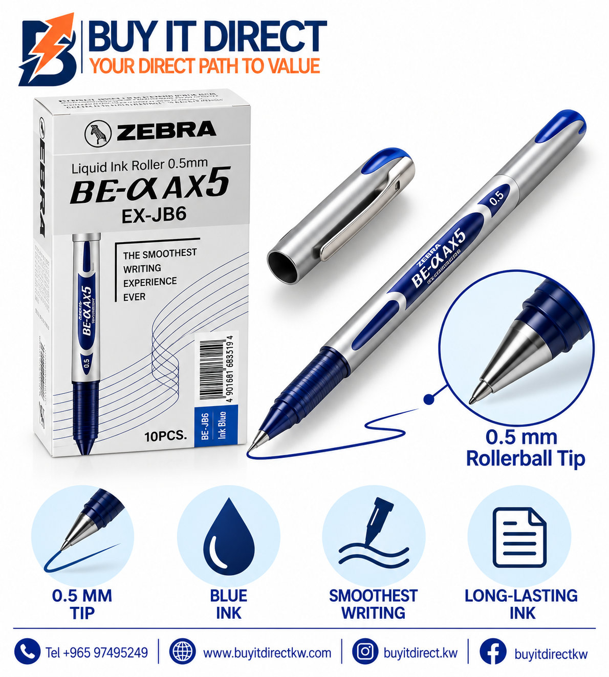 أقلام Zebra Liquid Ink Roller EX-JB6 زرقاء 0.5 مم - عبوة 10 أقلام