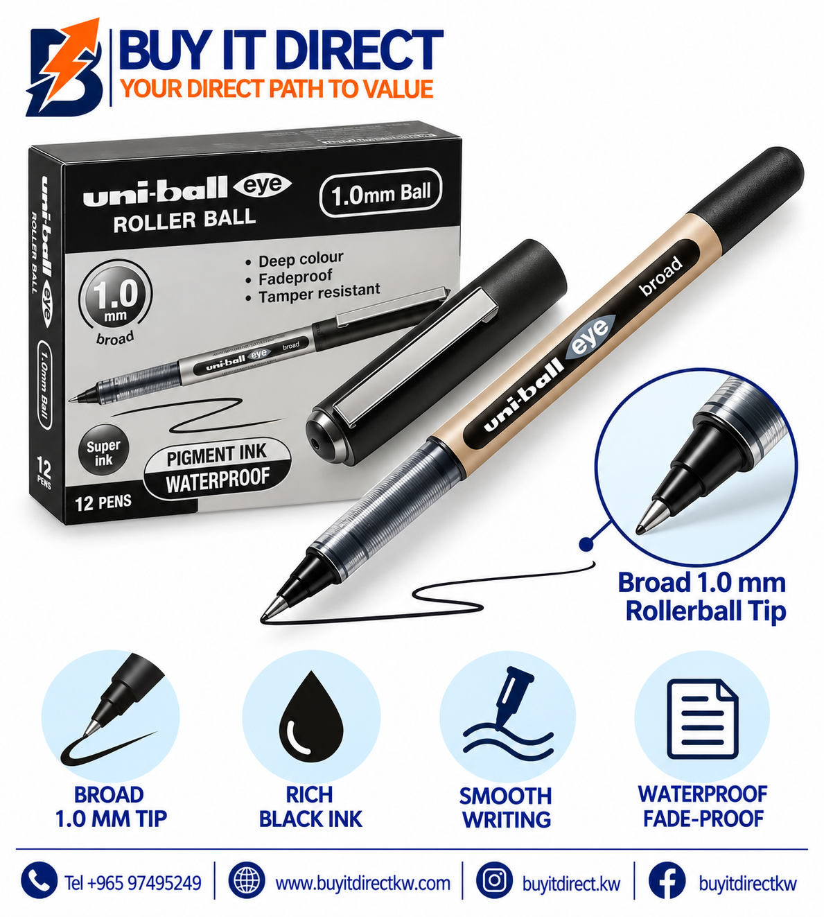 uni-ball Rollerball Pen 1.0 mm Broad Black - Pack of 12