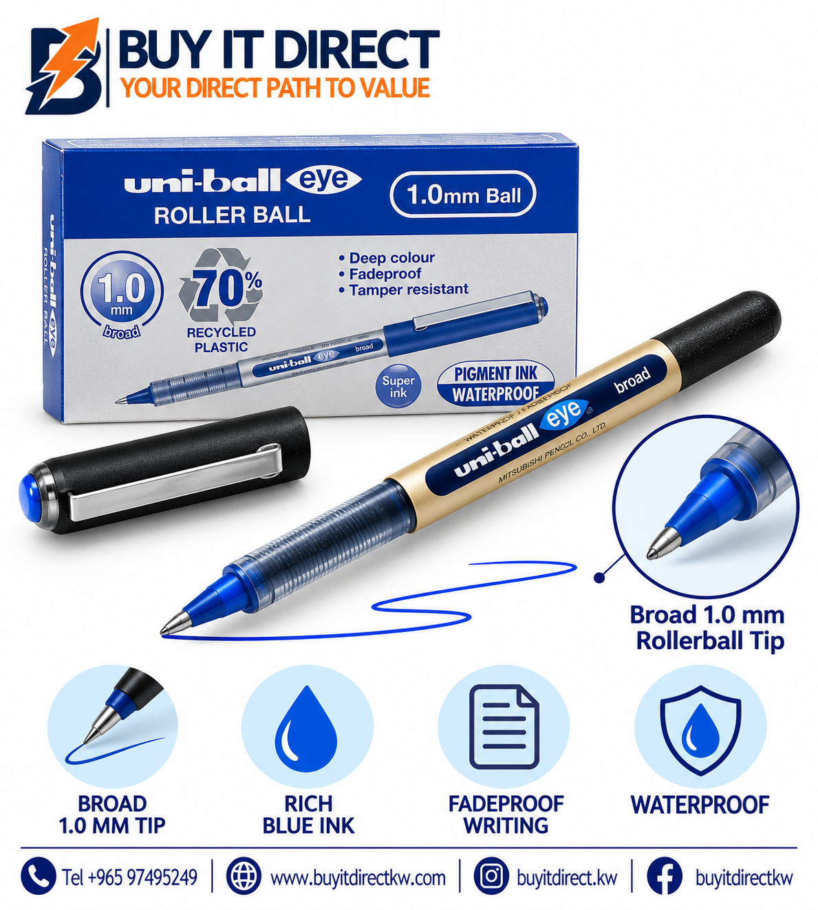 أقلام uni-ball Eye Rollerball أزرق 1.0 مم - عبوة 12 قلم