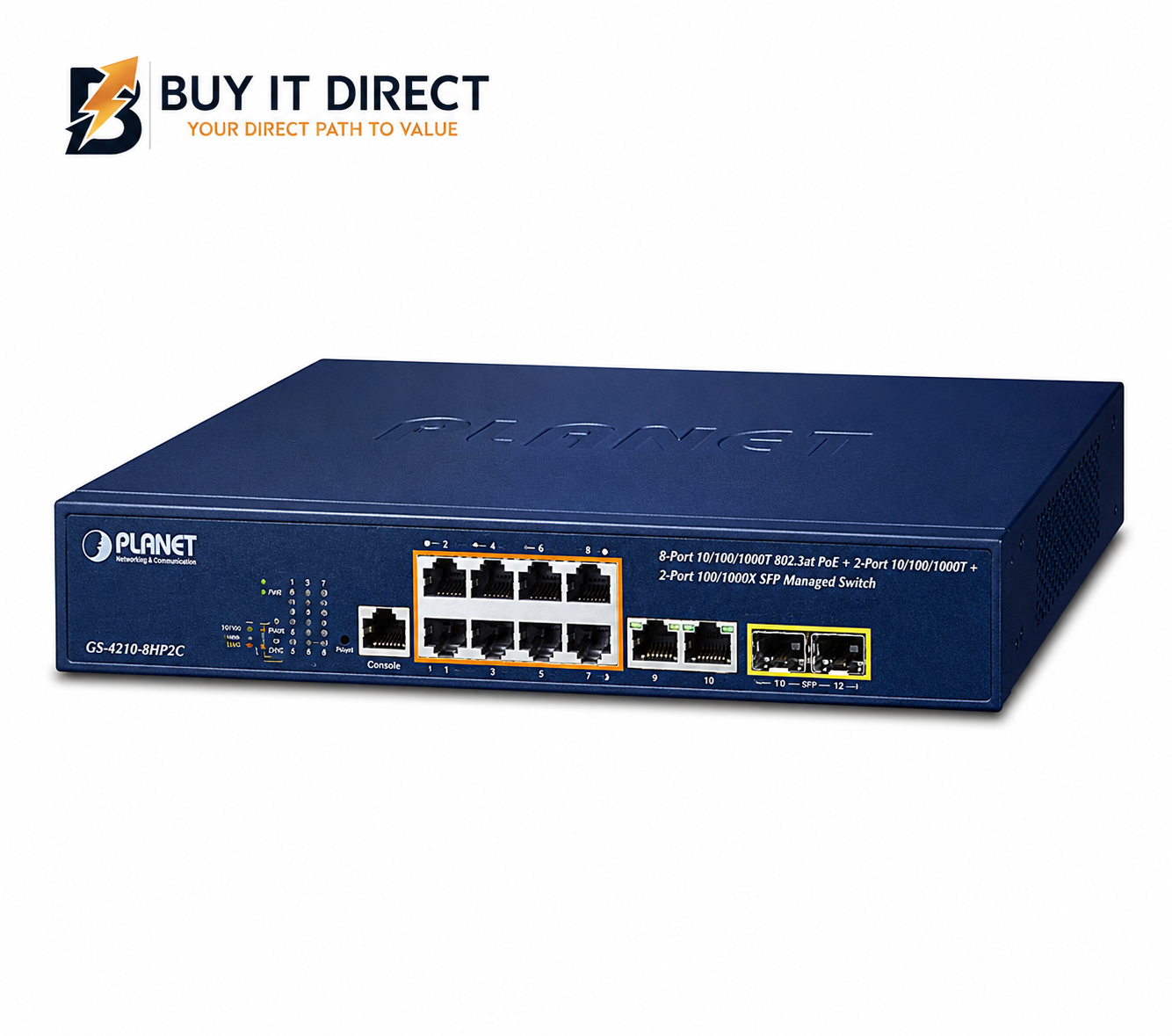 Planet GS 4210 8P2C 8 Port Gigabit 802.3at PoE Plus Managed Switch with 2 Gigabit RJ45 and 2 SFP Ports 120W