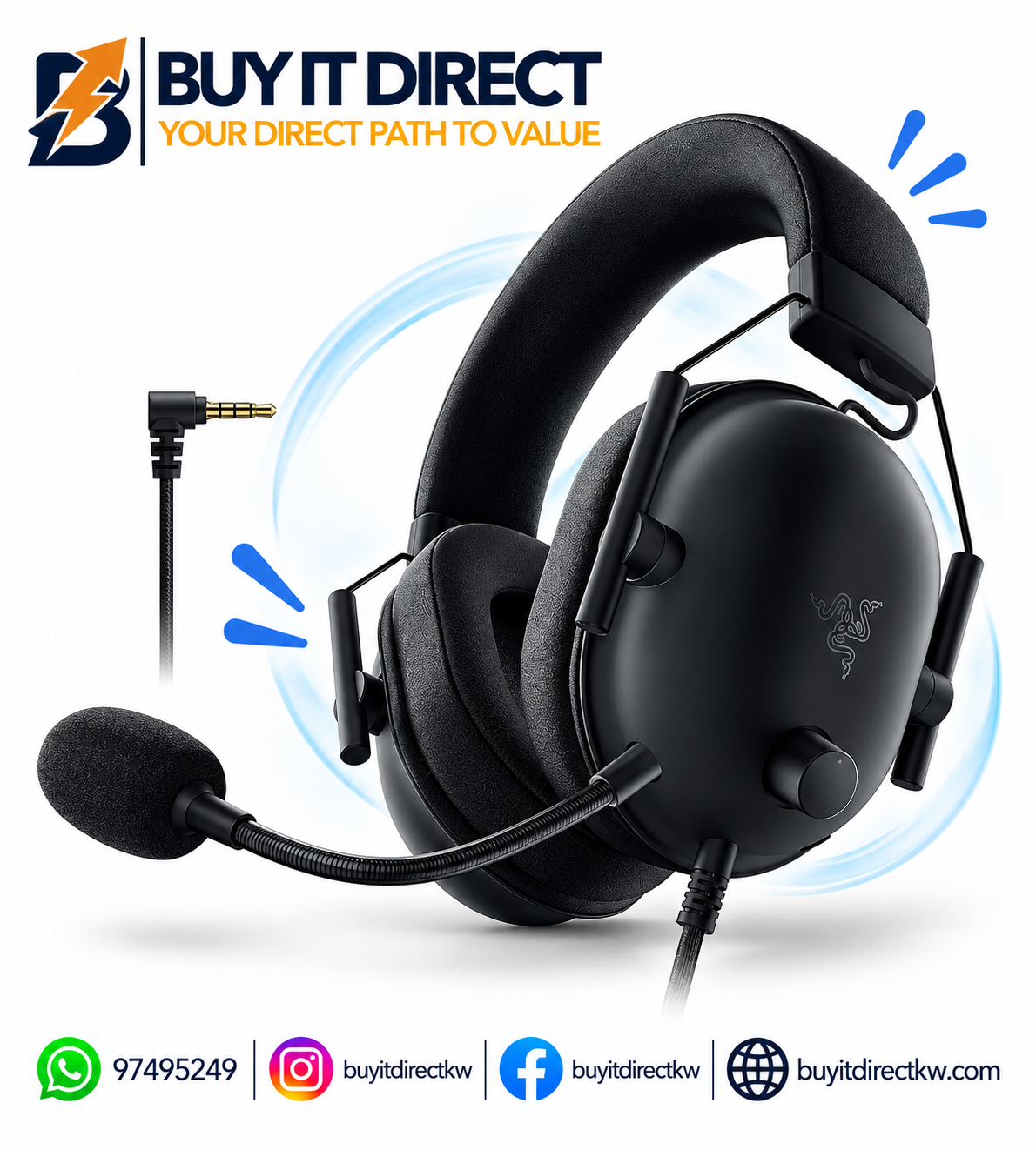 سماعة الألعاب السلكية Razer BlackShark V2 X للرياضات الإلكترونية، أسود، صوت محيطي 7.1، 3.5 مم