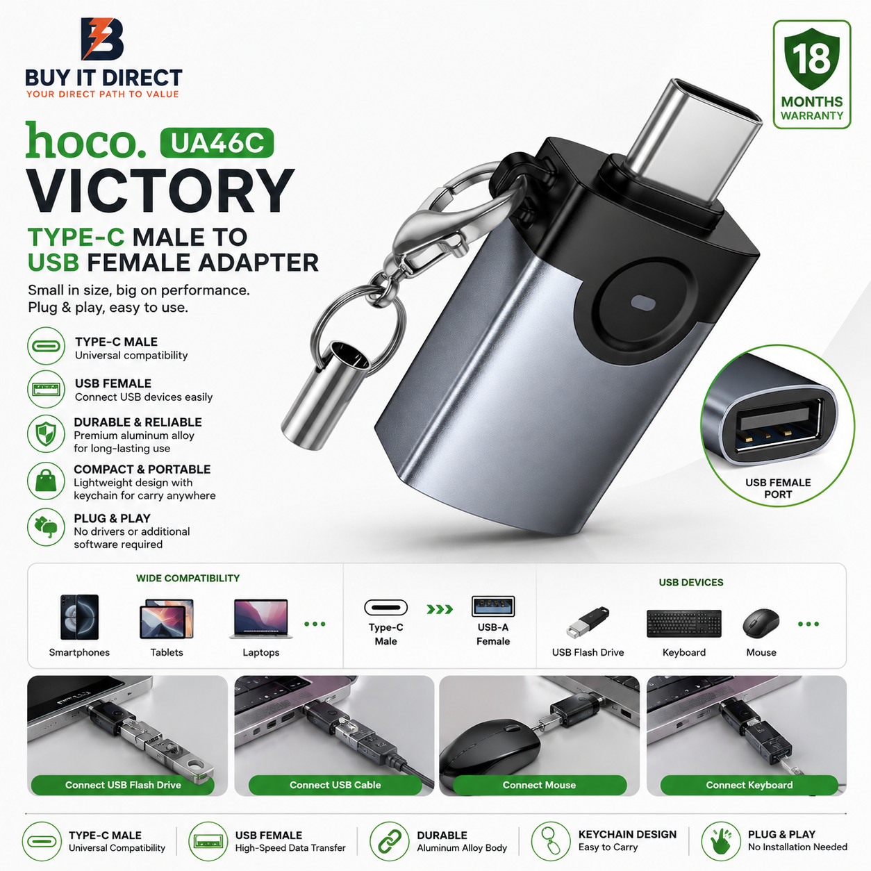 Hoco UA46C Victory Type C Male to USB Female Adapter