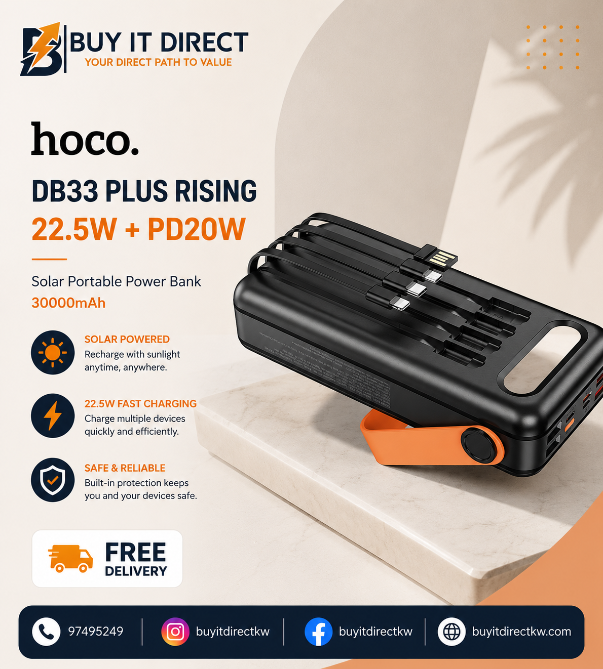 HOCO DB33 Plus Rising 22.5W + PD20W Sun Solar Portable Power Bank 30000mAh