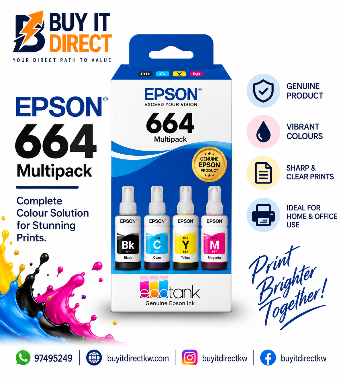 Epson 664 EcoTank 4 Colour Original Ink Bottle Multipack – T664