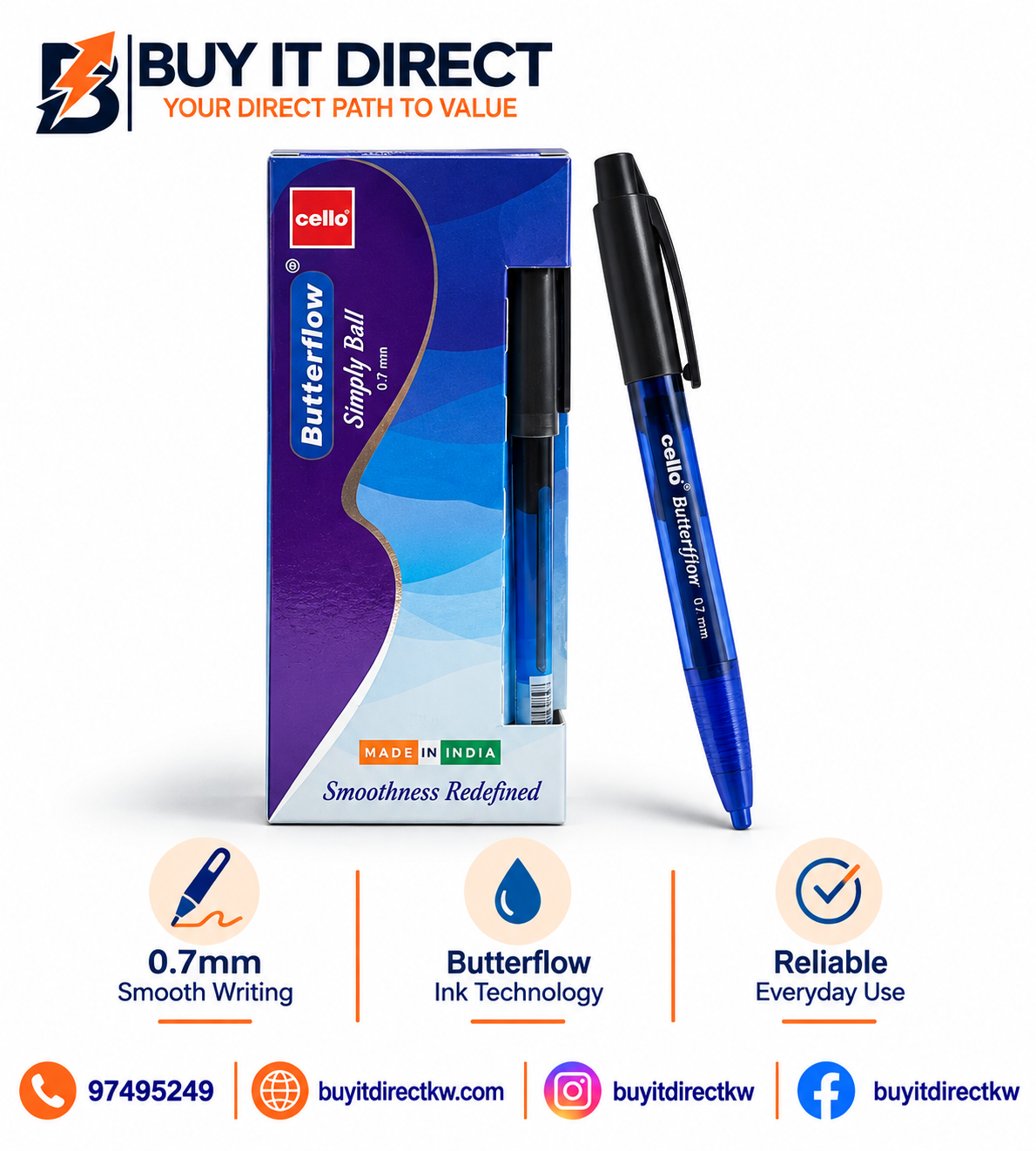 أقلام حبر جاف Butterflow سوداء وزرقاء 0.7 مم عبوة 12 قلم