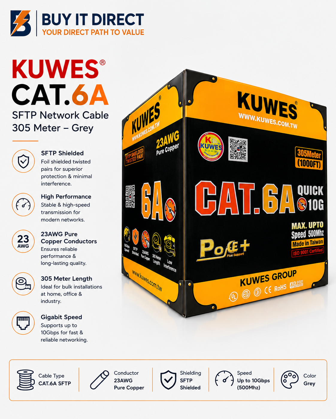 KUWES CAT6A SFTP 305 Meter Network Cable Grey