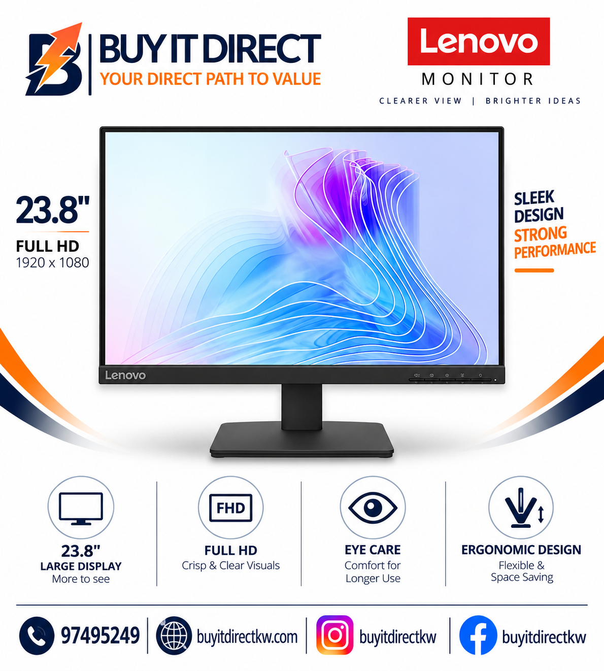 Lenovo L22-4e 21.5" FHD IPS Monitor 100Hz 4ms HDMI 1.4 VGA Raven Black