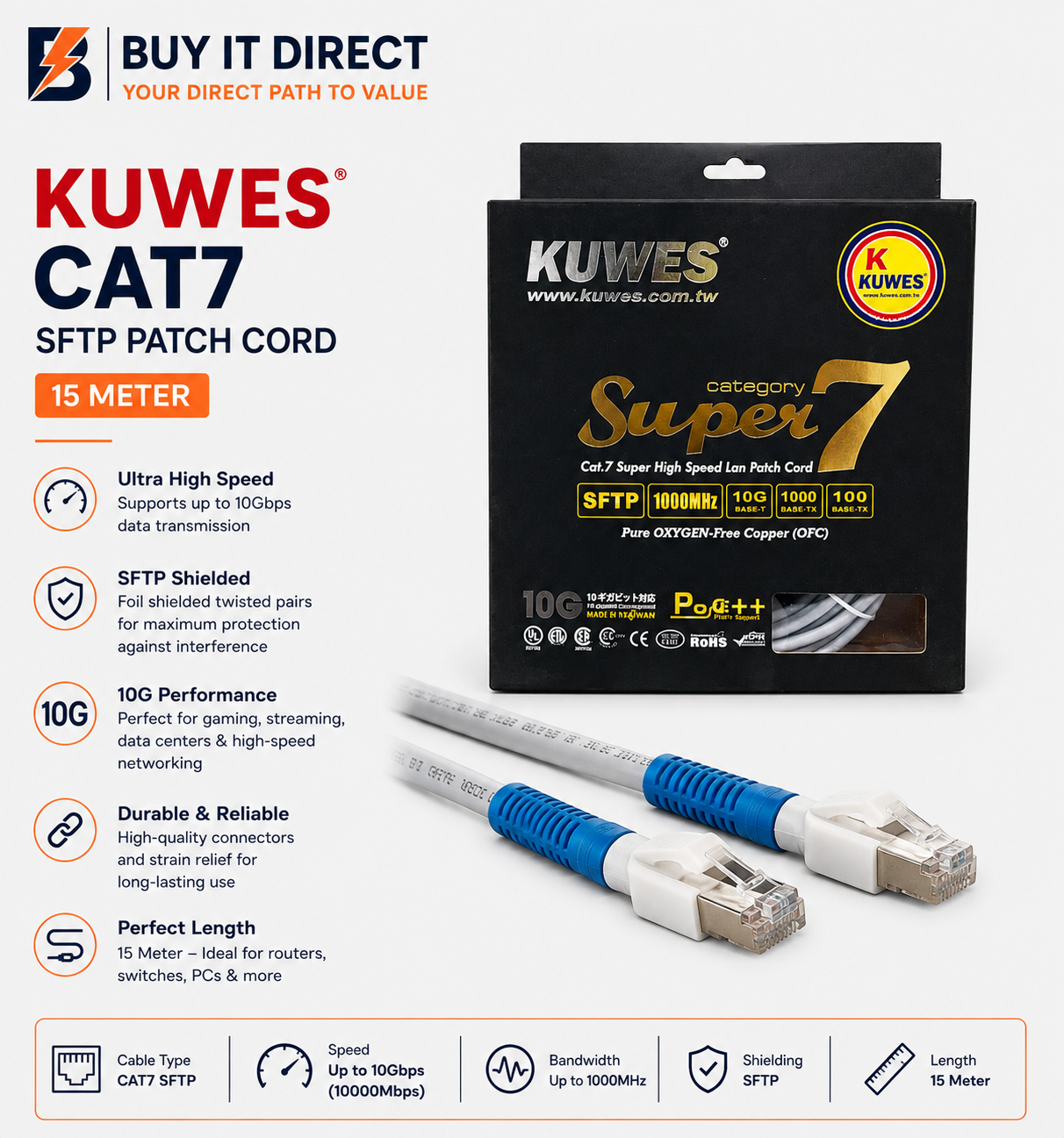 KUWES CAT7 SFTP Patch Cord 15 Meter