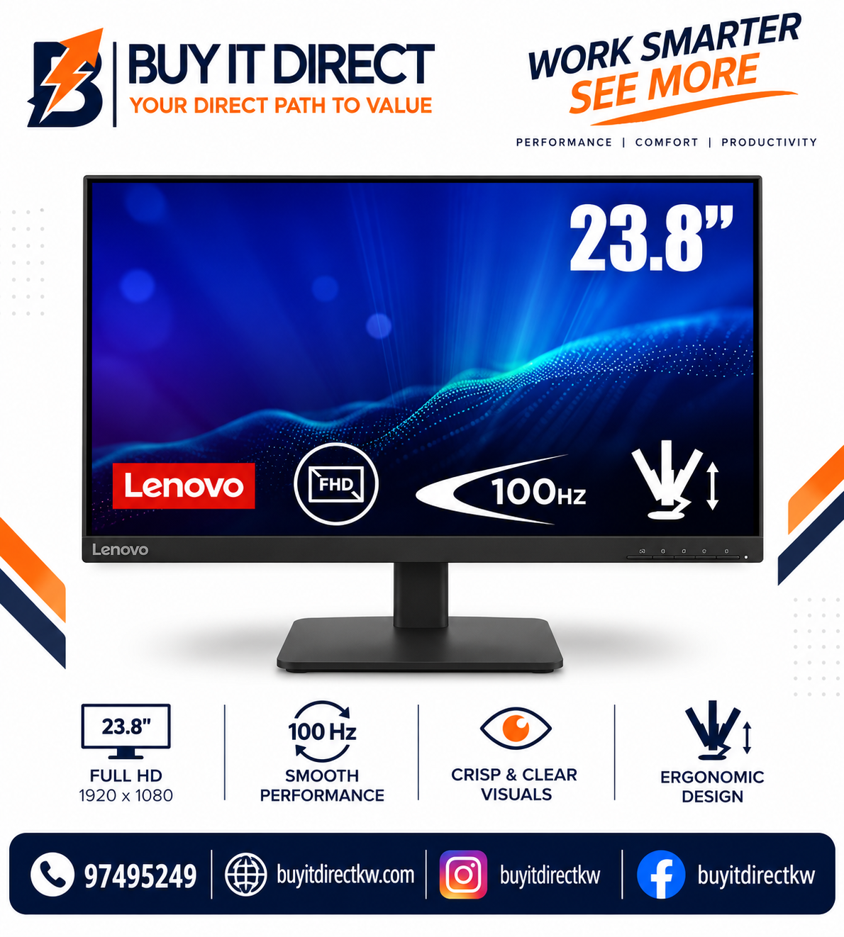 Lenovo L24-4e 23.8" FHD IPS Monitor 100Hz 4ms HDMI 1.4 VGA Raven Black