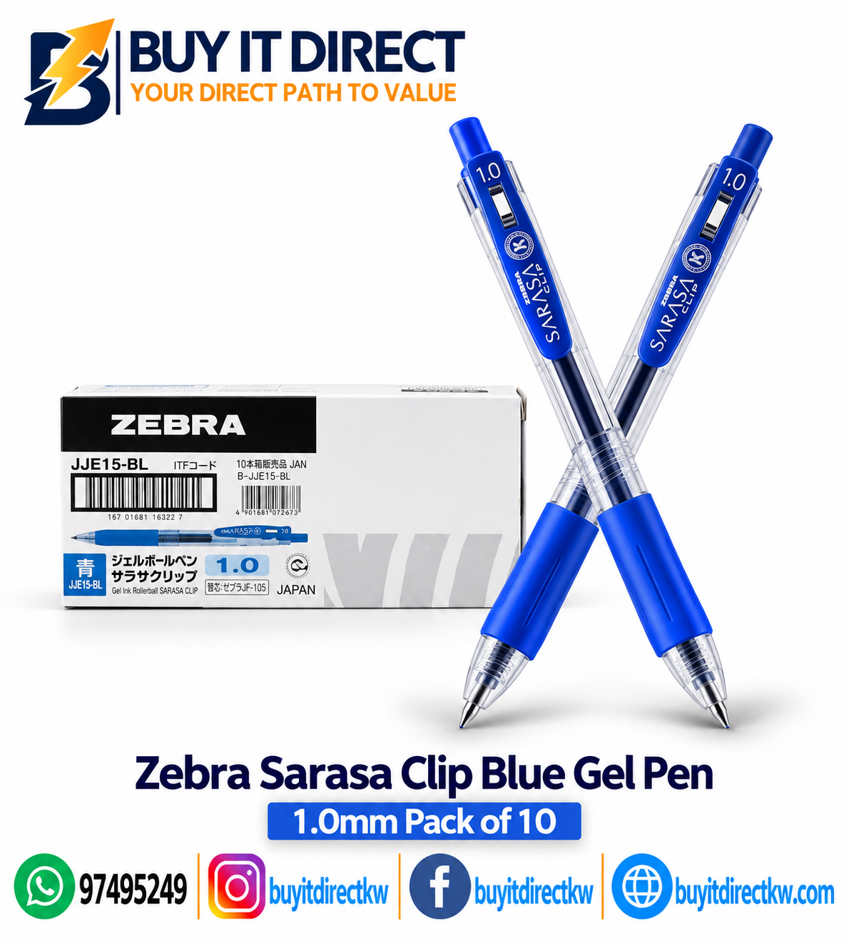 ZEBRA SARASA CLIP GEL PEN – BLUE INK 1.0MM – PACK OF 10