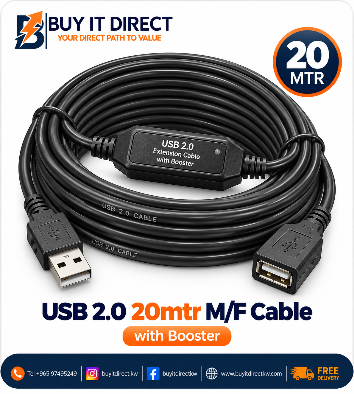 USB 2.0 20mtr Male Female Cable with Booster
