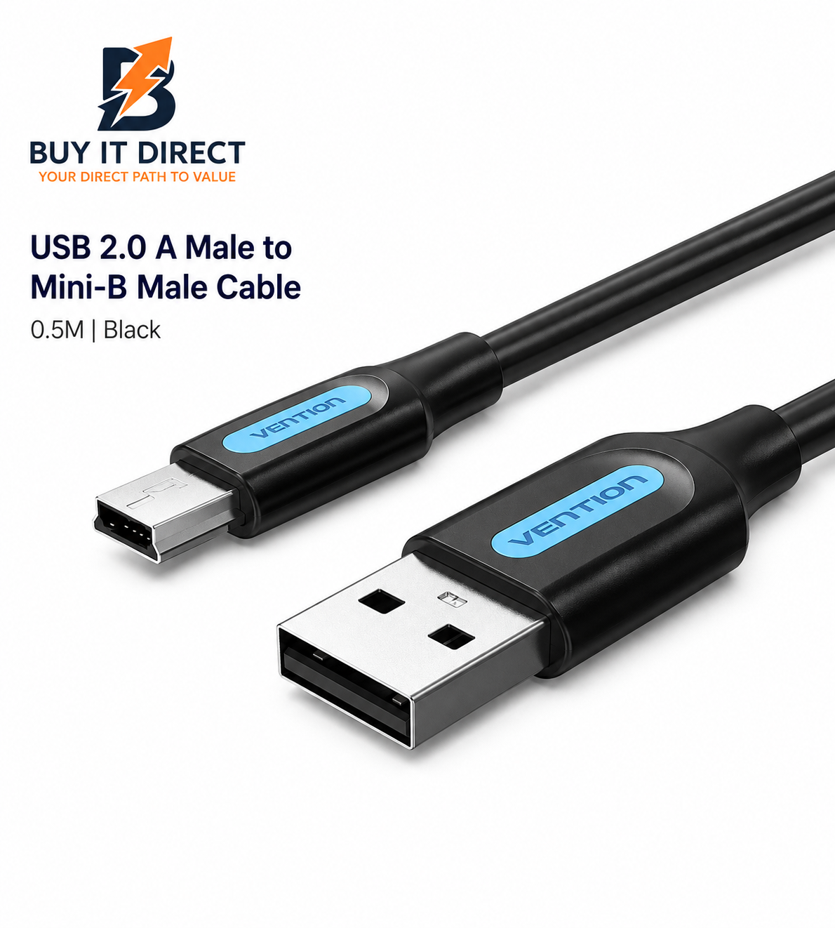 USB 2.0 Type A Male to Mini B Male Cable 0.5M Black PVC