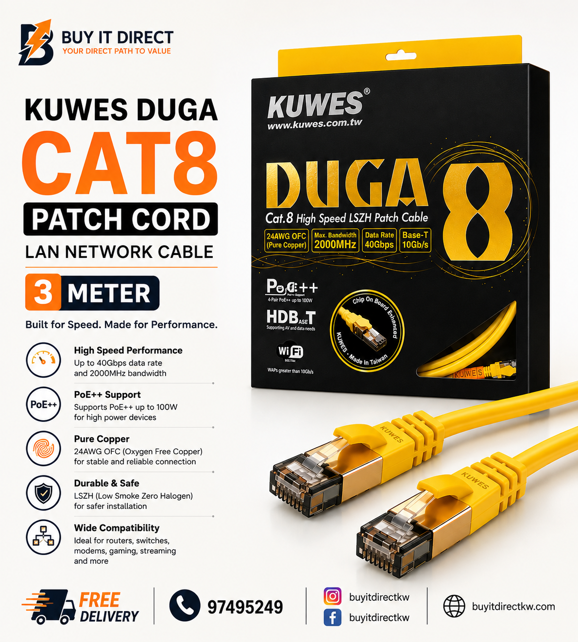 Kuwes DUGA Cat8 Patch Cord LAN Network Cable 3 Meter
