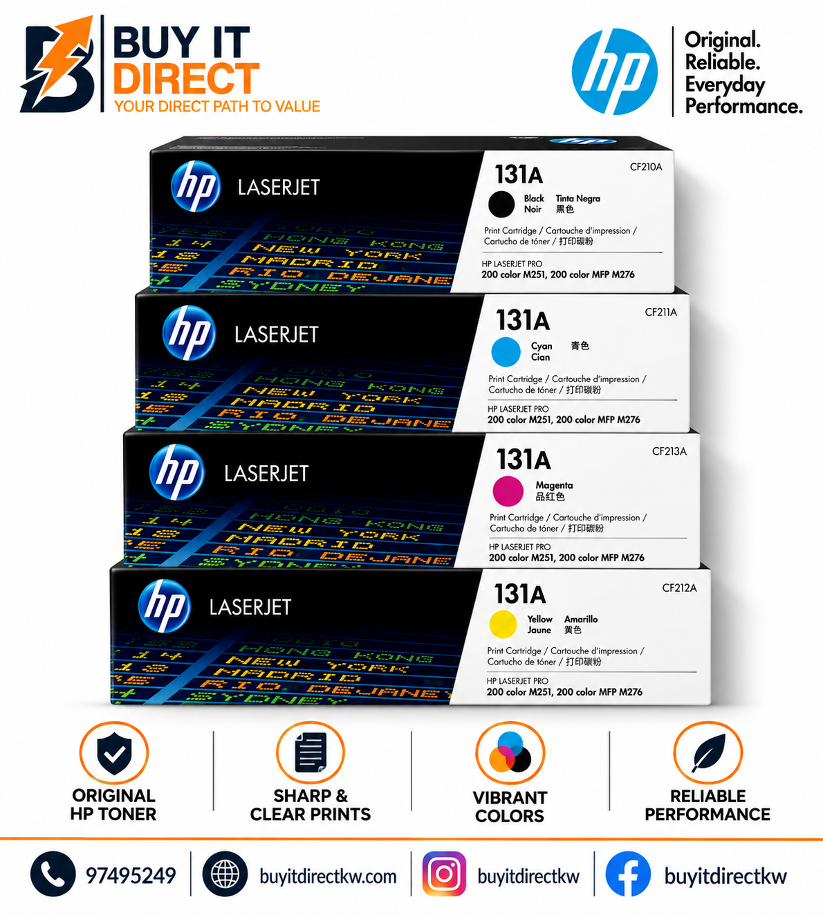 طقم خراطيش تونر HP 131A الأصلية الكاملة لطابعات LaserJet – 4 ألوان – CF210A–CF213A