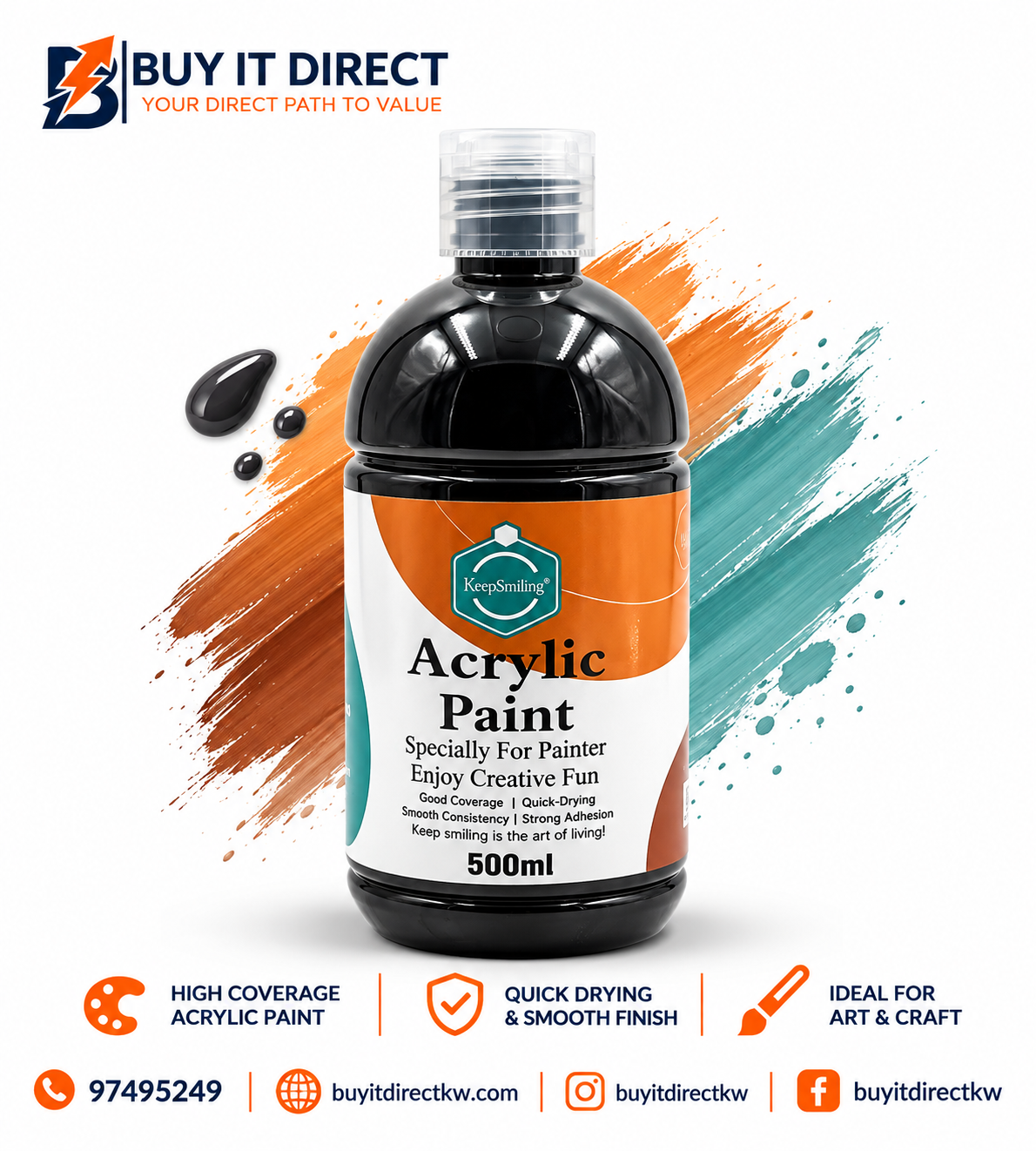 Keep Smiling Acrylic Paint 500 ml Black