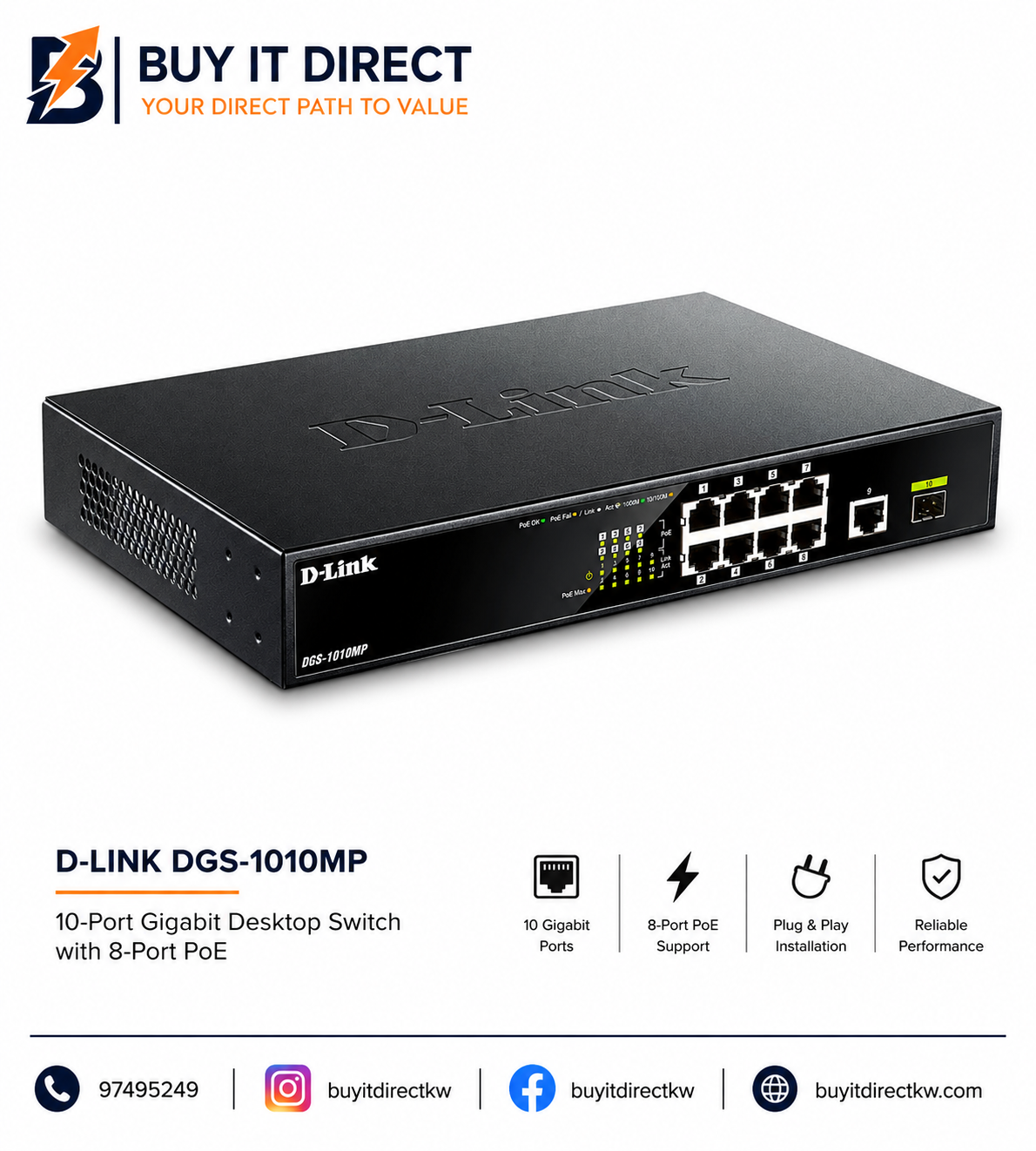 D Link DGS 1010MP 10 Port Gigabit Rackmount PoE Switch
