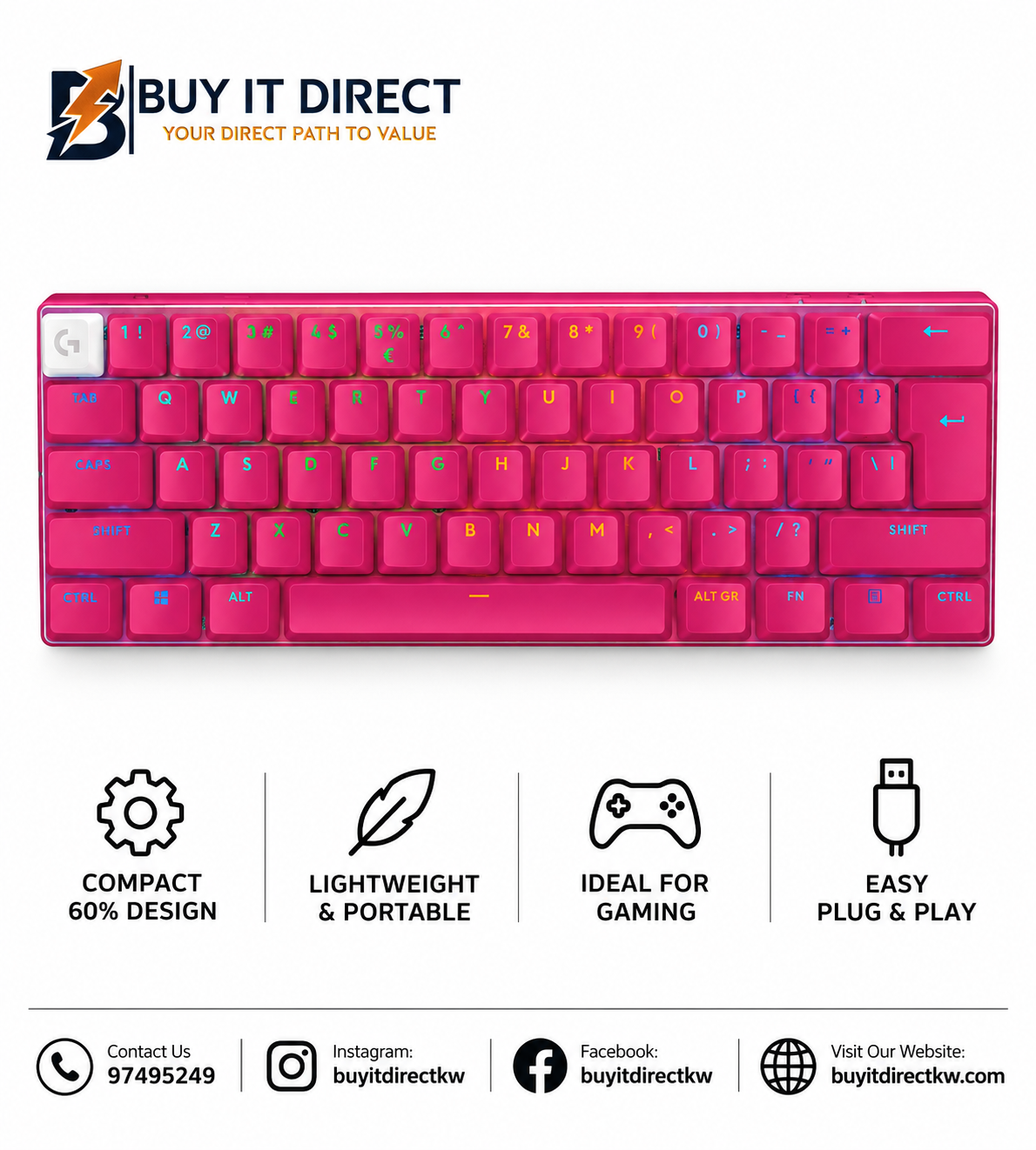 لوحة مفاتيح الألعاب Logitech G PRO X 60 LIGHTSPEED اللاسلكية بمفاتيح Tactile باللون Magenta