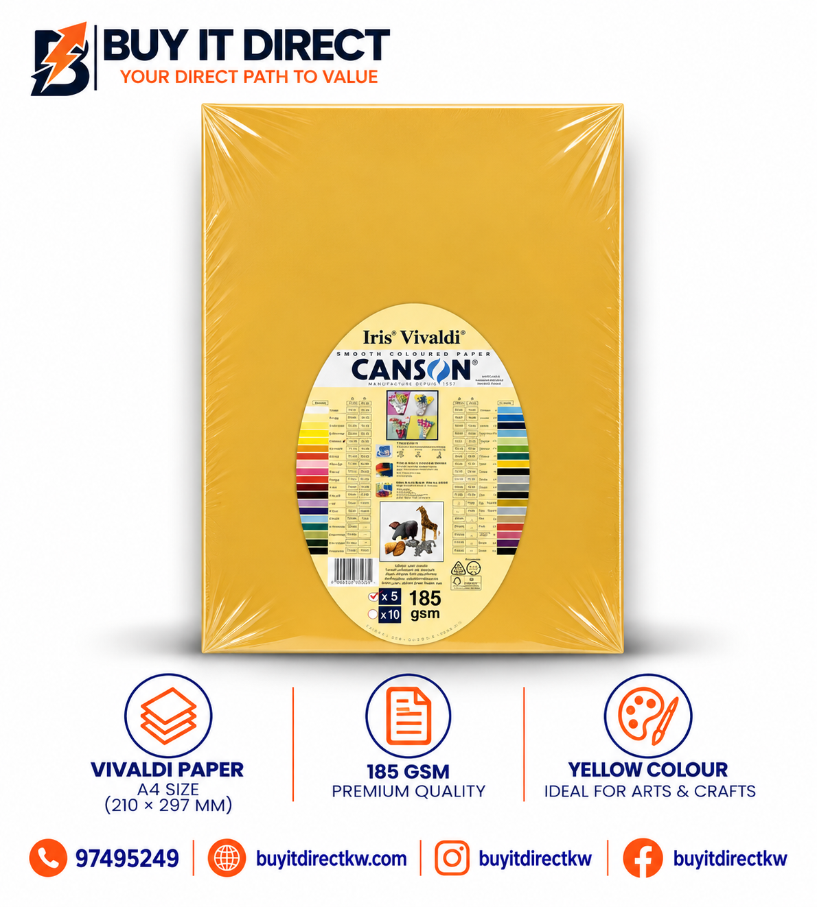 Canson Iris Vivaldi A3 Paper 185 GSM Buttercup 5 Sheets