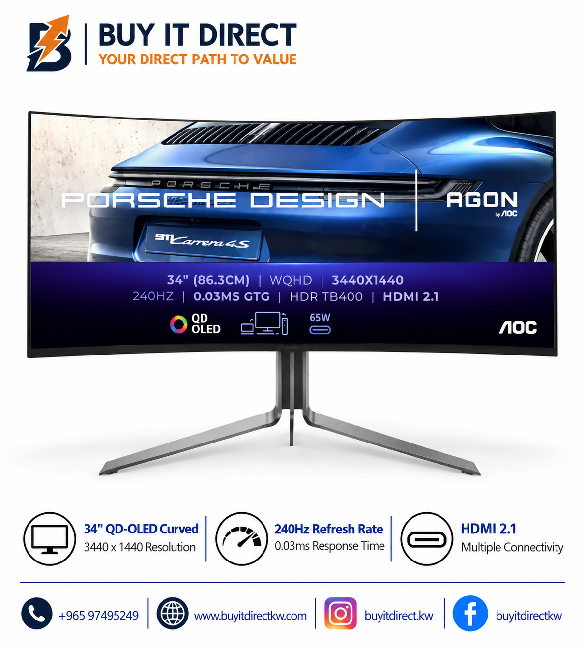 شاشة AOC PD34 ‏34 بوصة WQHD ‏240Hz ‏0.03ms QD-OLED منحنية للألعاب