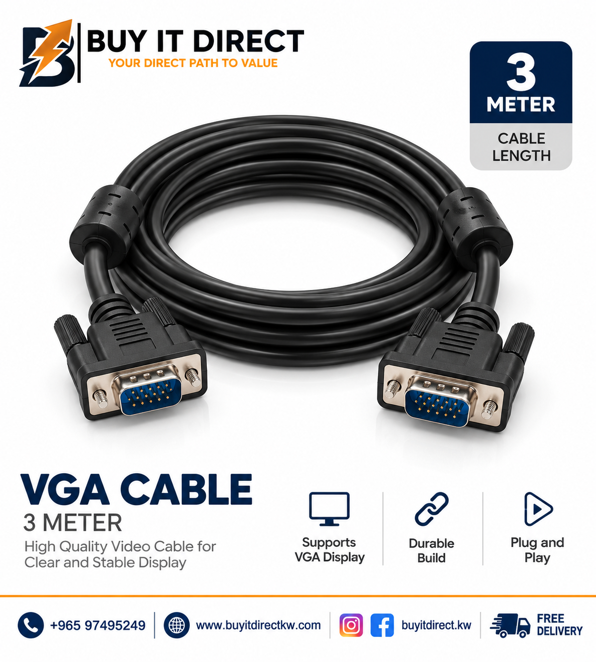 كابل VGA من 15 دبوس ذكر إلى 15 دبوس ذكر بطول 3 متر